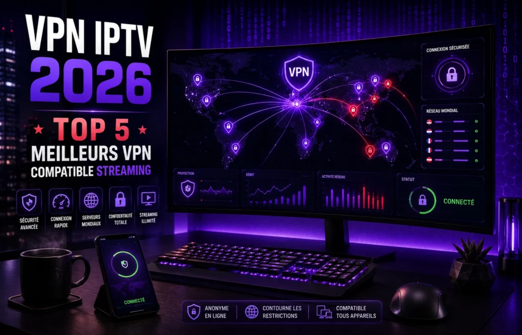 Create a sophisticated cybersecurity-themed hero image for "VPN IPTV 2026 - Top 5 Meilleurs VPN". SCENE : A modern dark workspace featuring a large curved monitor (32-inch ultrawide) showing an abstract VPN connection interface — world map with multiple glowing connection lines flowing from various countries to a central point. Server icons illuminated in vibrant violet (#8b5cf6) and crimson red (#e63946) accents. The interface shows abstract security graphics, lock icons, shield symbols (all generic, no readable text or brand logos). In front of the monitor : a sleek minimalist mechanical keyboard with RGB violet backlight, a wireless mouse, a smartphone displaying a VPN connection status (abstract green/violet indicator), and a coffee mug. The wall behind has subtle violet ambient lighting and abstract digital art patterns (matrix-style flowing characters, hex code, all generic). STYLE : - Ultra-photorealistic 8K cyberpunk-meets-corporate - Color palette : Deep purple #0a0815 base, vibrant violet #8b5cf6 main, bright purple #c084fc highlights, crimson red #e63946 accent (security) - High-tech cybersecurity aesthetic - Style references : Mr. Robot show, Linear app dark mode, Vercel design - Dramatic chiaroscuro lighting - 16:9 ratio - Crisp tech-noir composition MOOD : Secure, sophisticated, professional, cutting-edge cybersecurity AVOID : - Visible VPN brand logos (NordVPN, ExpressVPN, etc.) - Generic "hacker hoodie" stereotype - People faces - Readable text on screens - Bright cheerful colors - Cartoon style - Eye padlock cliché