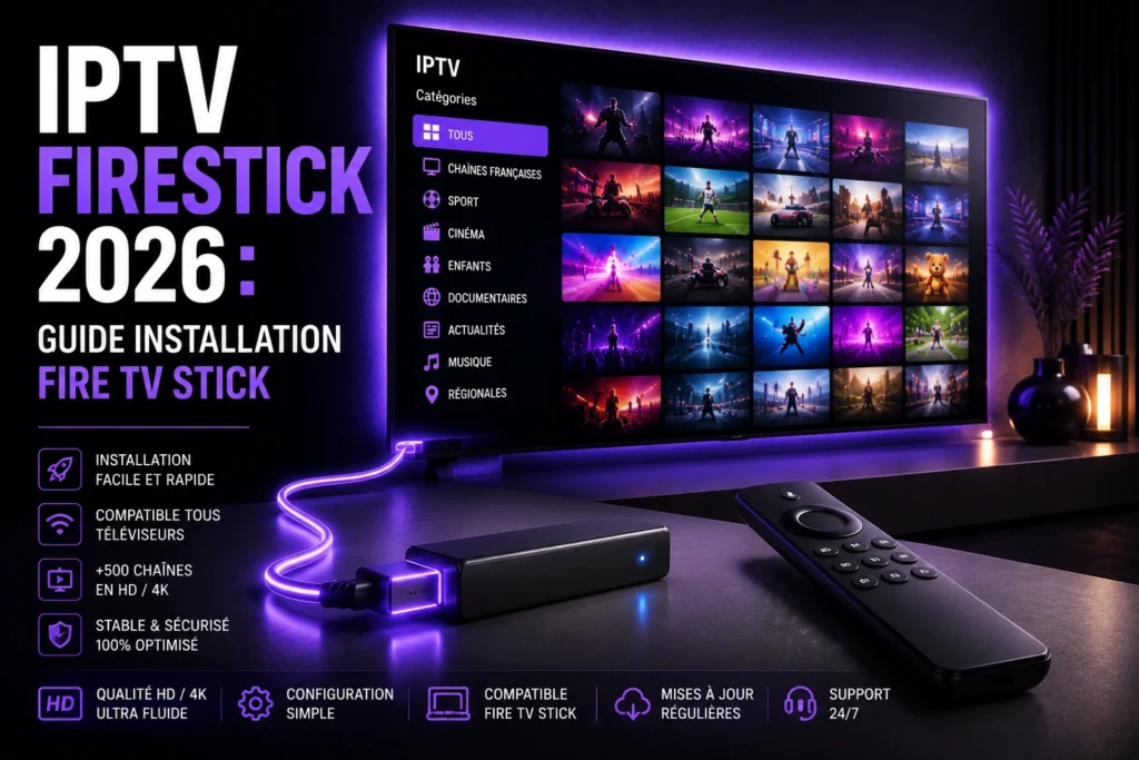 IPTV Firestick 2026 Fire TV Stick 4K Max connecté Smart TV interface violet installation guide complet français