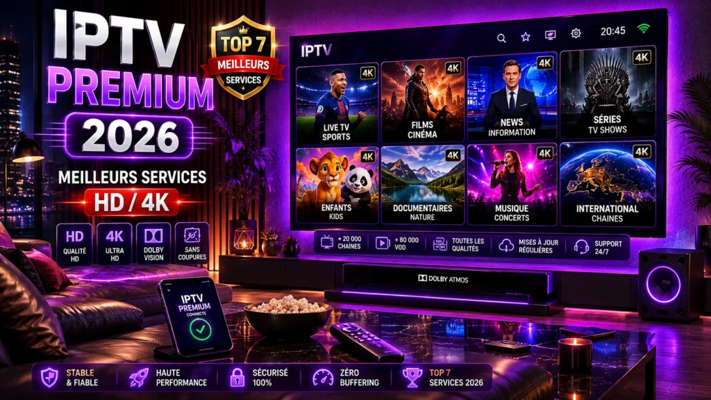 "IPTV Premium 2026 - Setup home cinema TV OLED 85 pouces avec catalogue +80 000 chaînes 4K HDR Dolby Vision et multi-cam sport Champions League"