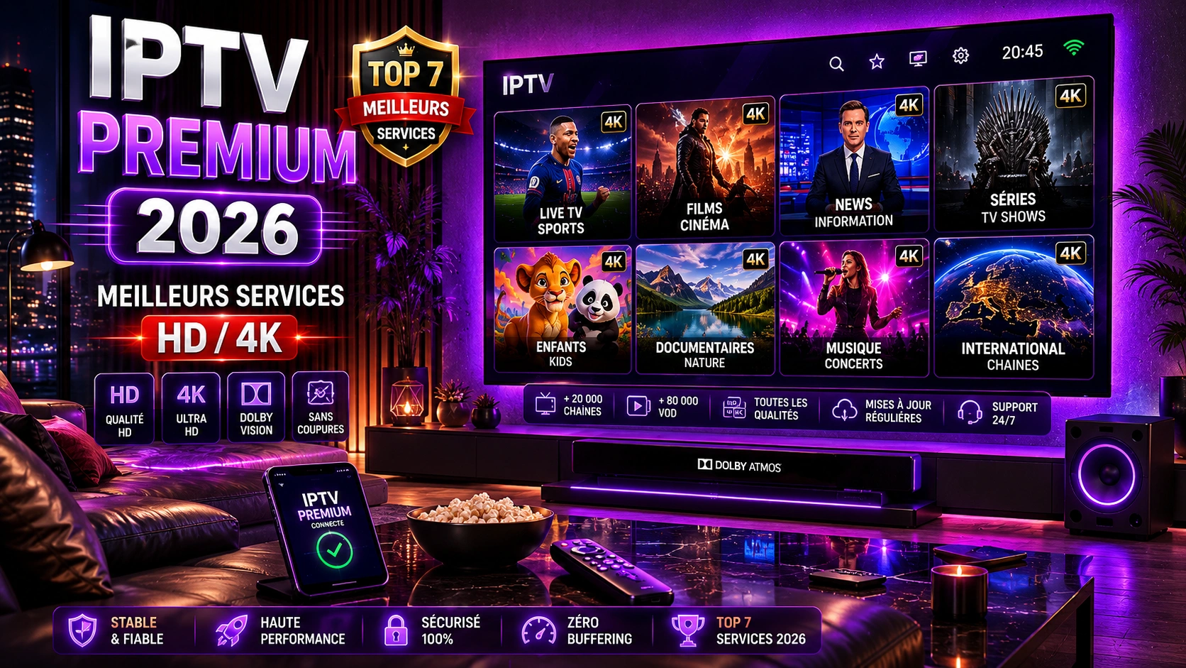 IPTV Premium : installation home cinéma avec téléviseur grand format et son multicanal