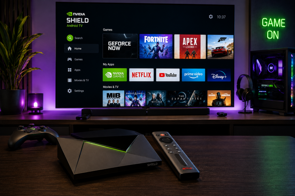 Configuration iptv sur nvidia shield avec interface TV futuriste 2026, hologramme numérique, grille de chaînes et expérience streaming 4K dans un salon high-tech moderne.