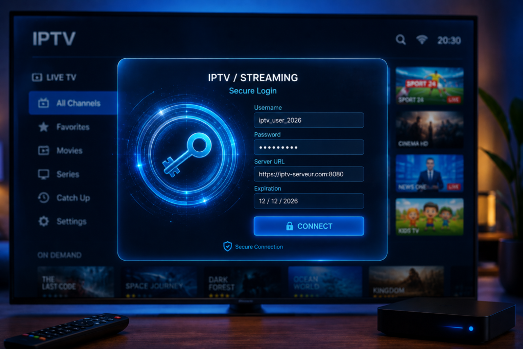 Activation d’un code iptv sur Nvidia Shield TV avec téléviseur 4K, interface Android TV et configuration multimédia premium.