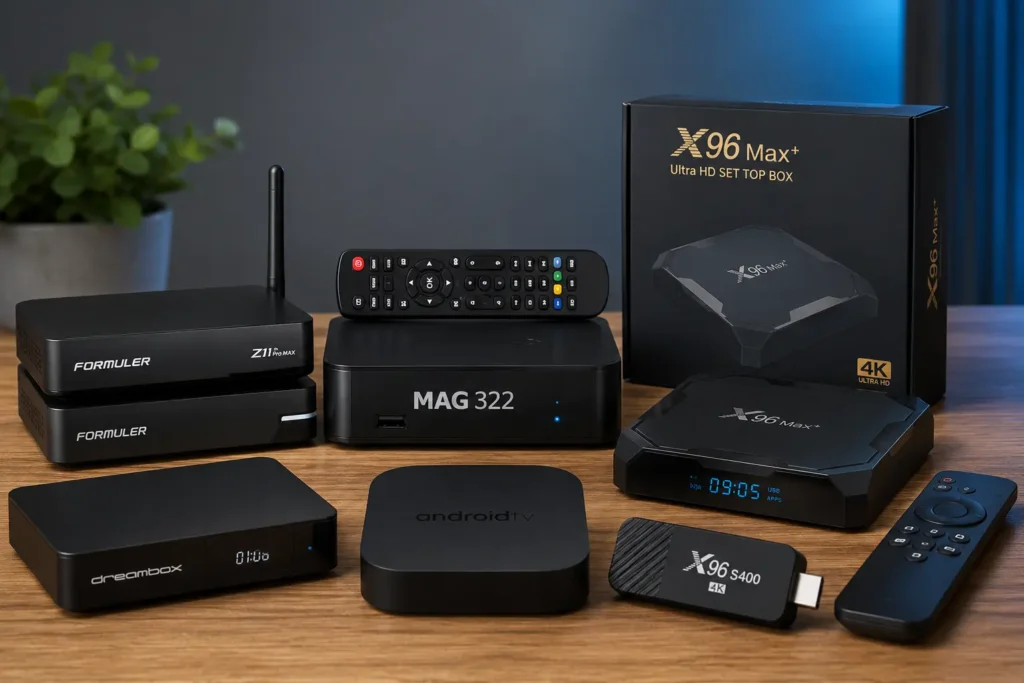 Collection d’appareils IPTV boitier et Android TV Box présentés sur une table en bois dans un studio moderne avec éclairage professionnel.
