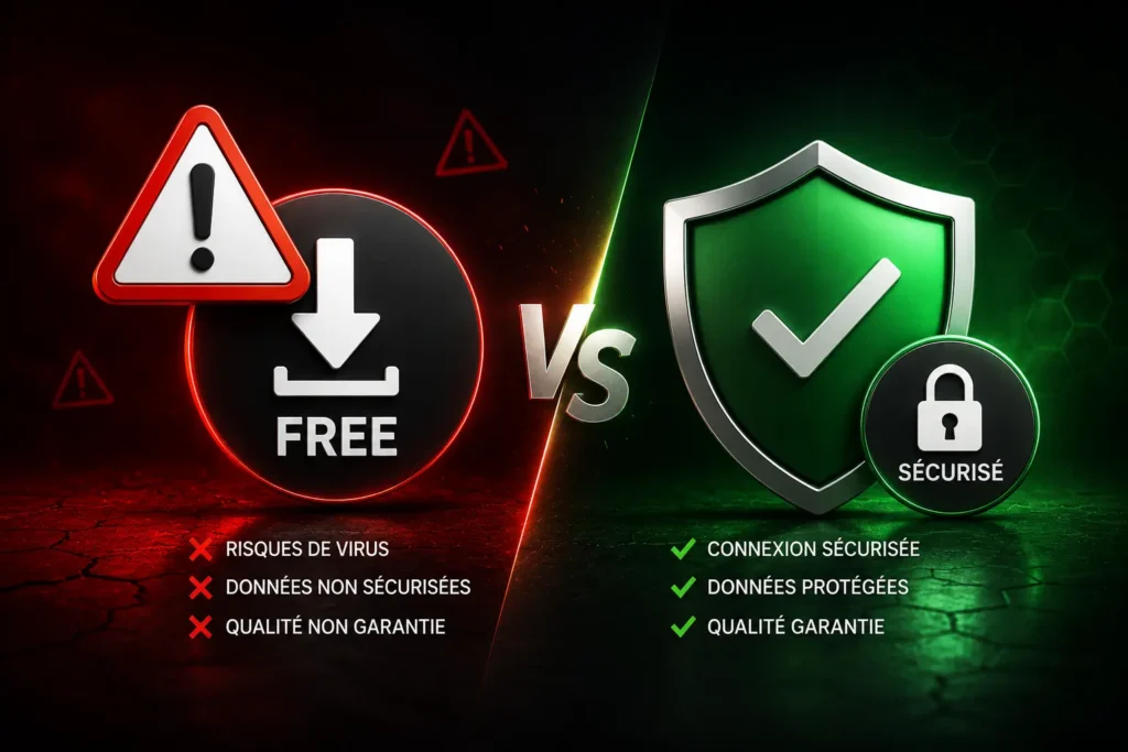 Comparaison entre IPTV gratuit et solution sécurisée avec symbole d’avertissement, téléchargement gratuit et bouclier de protection sur fond technologique.