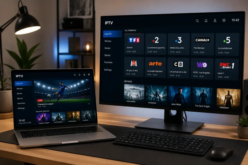 InstallationIPTV sur PC Windows et Mac sur ordinateur portable et écran de bureau avec interface de streaming moderne dans un espace de travail connecté.
