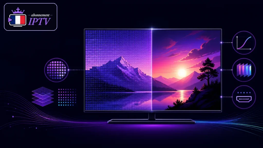 Écran séparant résolution 4K et contraste HDR avec pixels, lumière et couleurs