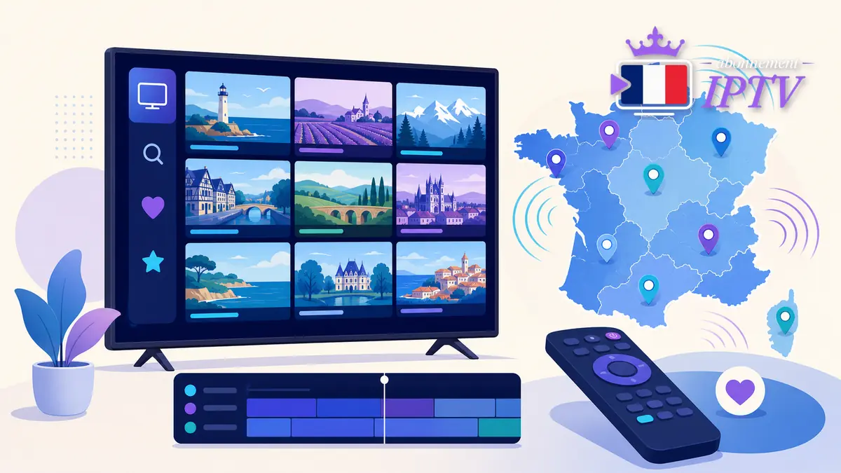 IPTV France : accéder aux chaînes régionales et locales Chaînes régionales IPTV sur un téléviseur avec carte de France, EPG et favoris