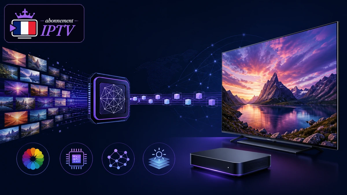 Codec HEVC H.265 compressant une vidéo IPTV 4K entre serveur, boîtier et téléviseur