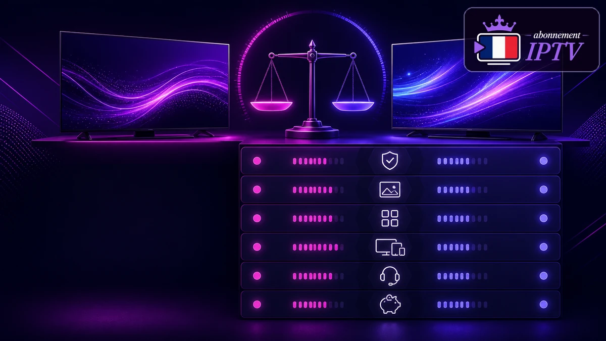 Comparer deux offres IPTV premium sur six critères avec deux téléviseurs, une grille et une balance
