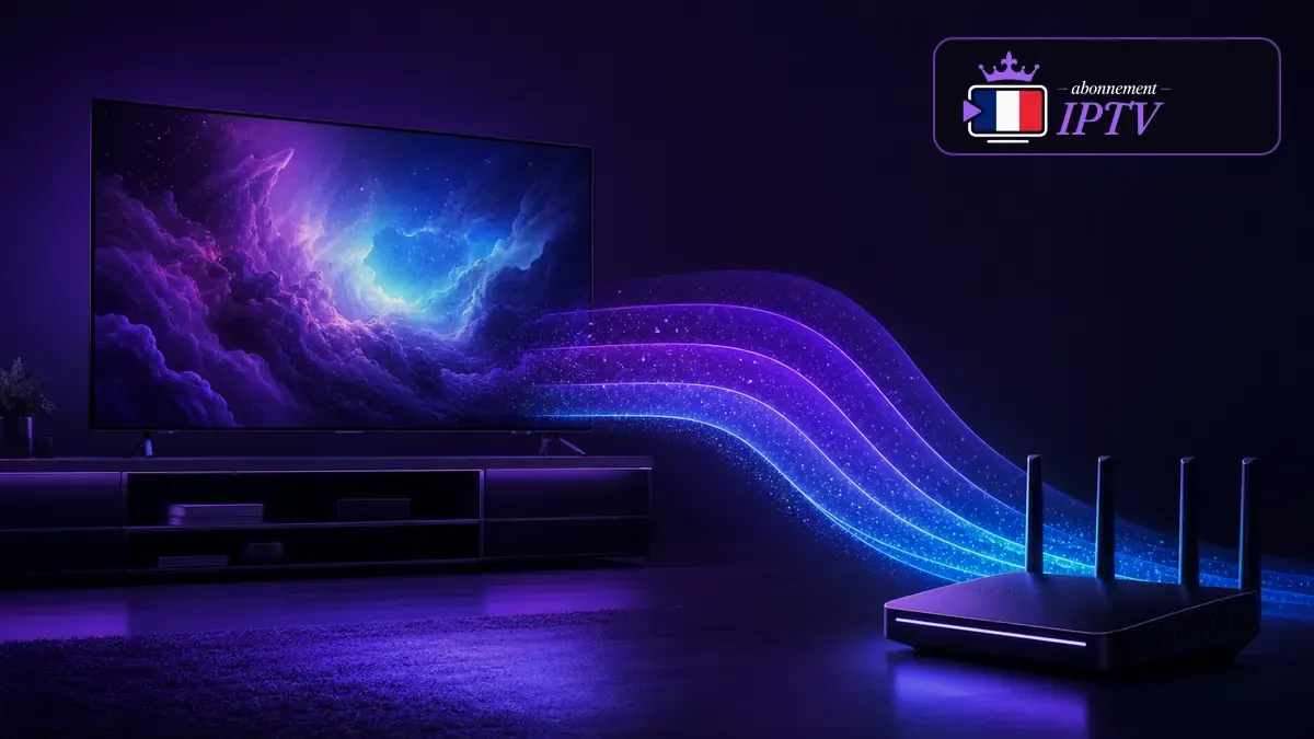 Consommation données IPTV illustrée par un routeur et un téléviseur 4K