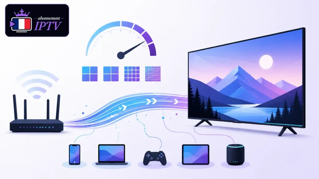 Téléviseur 4K relié à un routeur avec jauge de débit et plusieurs usages du foyer