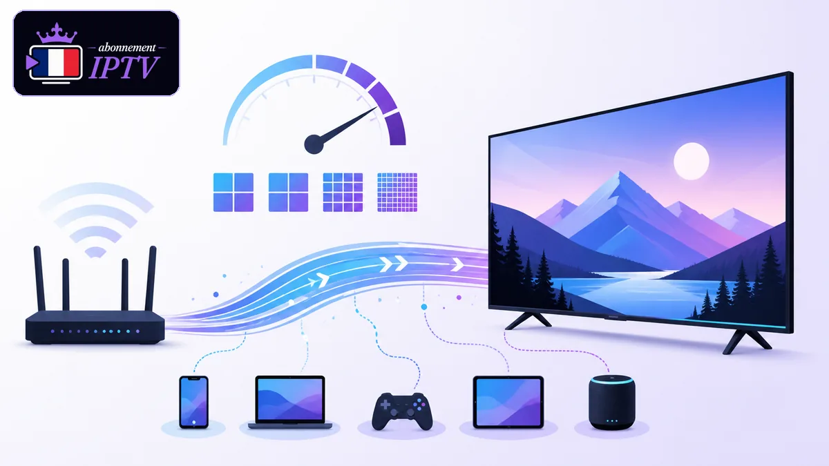 Débit IPTV 4K : quel débit internet réellement nécessaire ? Téléviseur 4K relié à un routeur avec jauge de débit et plusieurs usages du foyer