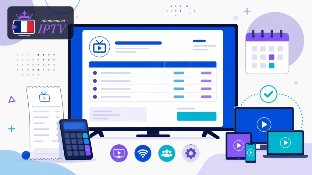 Facture abonnement IPTV avec télévision, reçu, calendrier et options multi-écrans