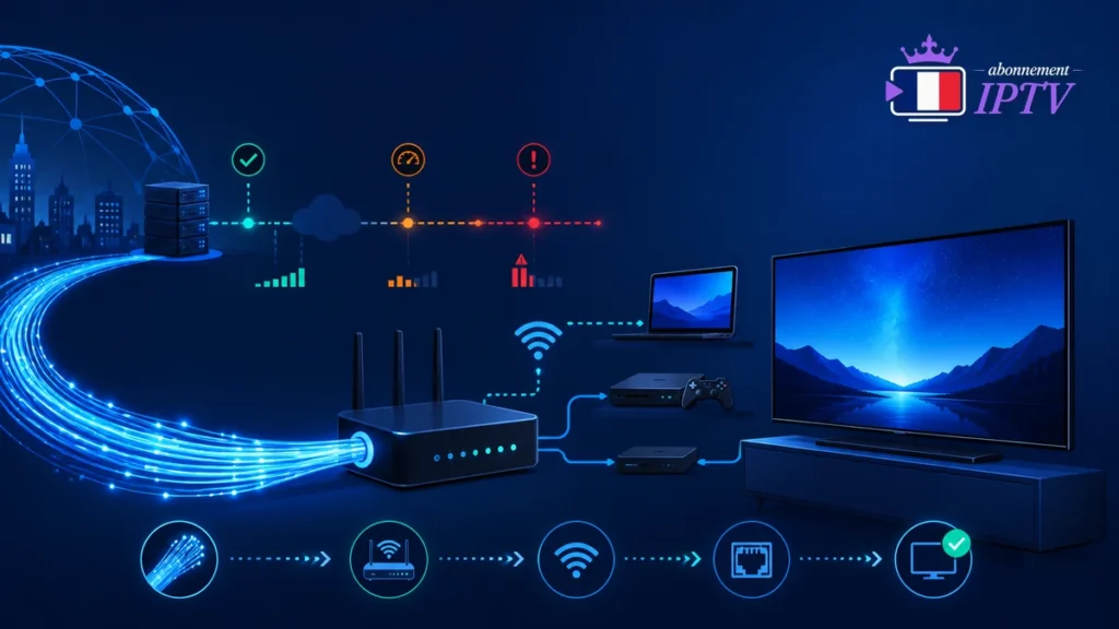 Fibre et IPTV : trajet du flux entre fibre, routeur, Wi-Fi, Ethernet et téléviseur