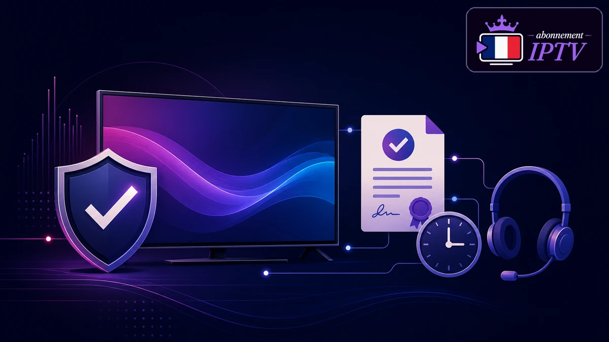 Garanties IPTV premium représentées par un bouclier, un document et une coche devant un téléviseur