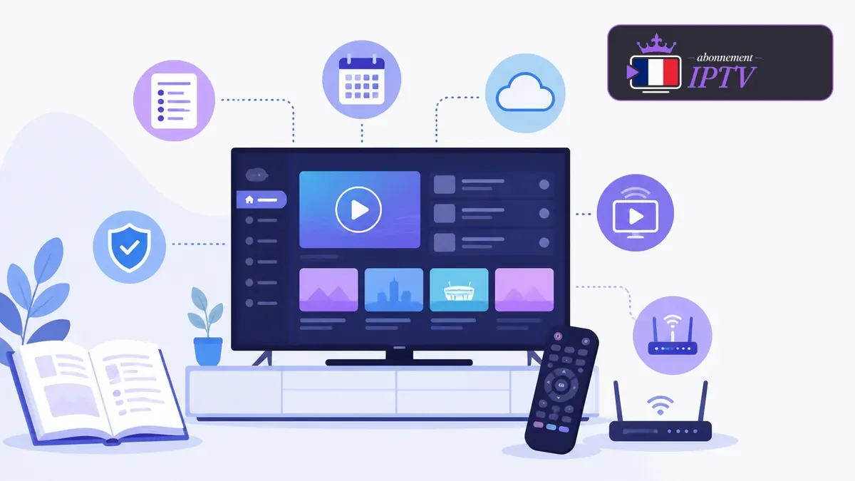 Glossaire IPTV avec télévision, bulles de définition et icônes réseau
