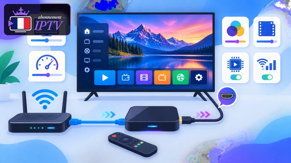 IPTV 4K sur boîtier externe relié à un téléviseur avec réglages vidéo