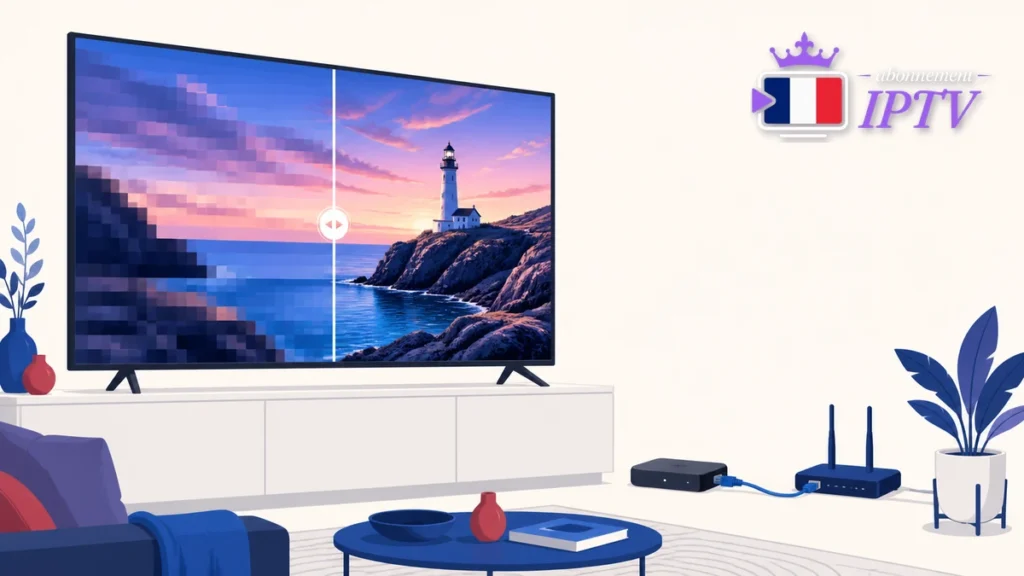 IPTV grand écran avec comparaison entre image pixelisée et image nette