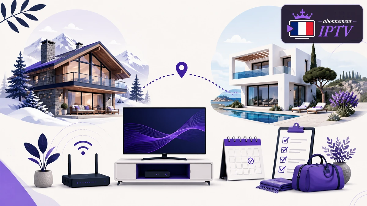 IPTV résidence secondaire avec deux maisons reliées à un téléviseur, un routeur et une checklist de voyage