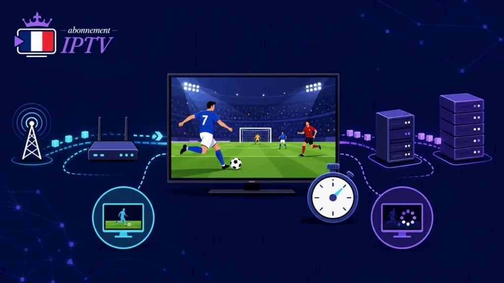 Latence IPTV avec télévision en direct, chronomètre, routeur et serveurs