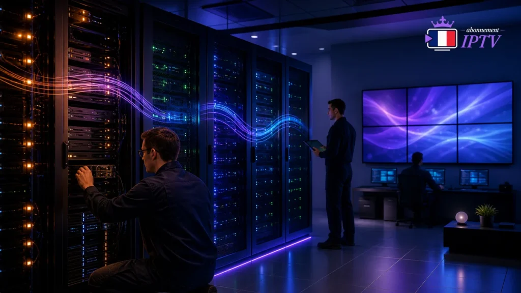 Techniciens réalisant une maintenance IPTV dans une salle de serveurs
