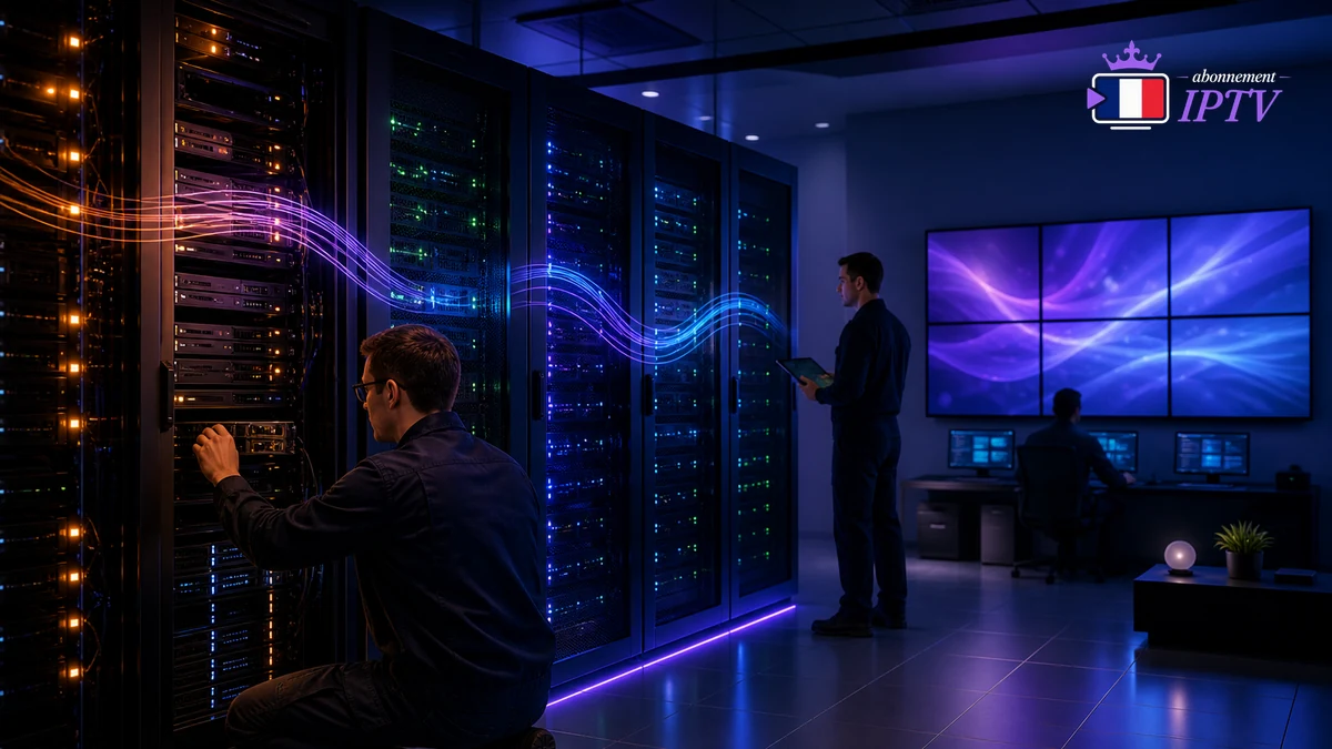 Techniciens réalisant une maintenance IPTV dans une salle de serveurs