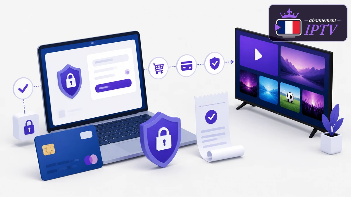 Paiement sécurisé IPTV avec écran de commande, carte protégée, cadenas, reçu et bouclier
