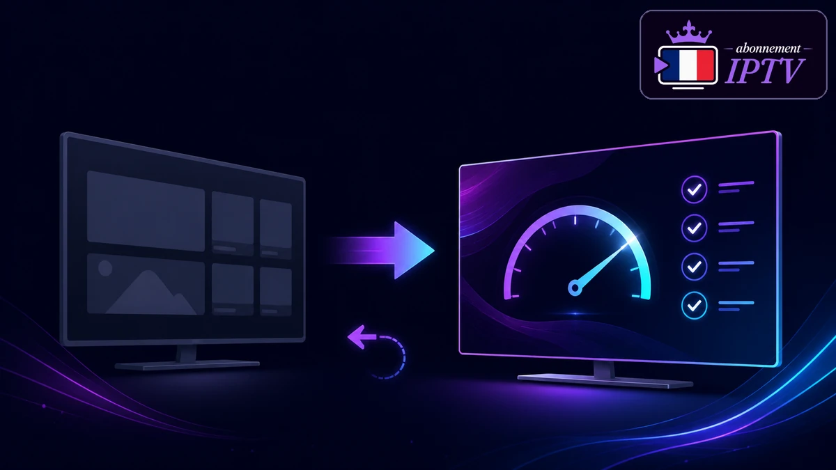 Passage à l’IPTV premium illustré par une transition entre deux écrans, une flèche et une checklist