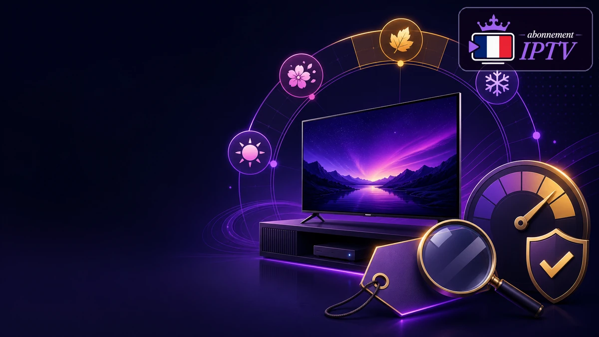Promotions IPTV saisonnières avec calendrier, étiquette de remise, téléviseur et loupe