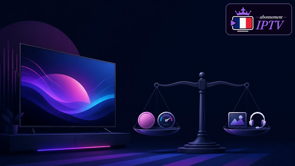 Rapport qualité-prix IPTV comparé sur une balance avec téléviseur, pièces et indicateurs