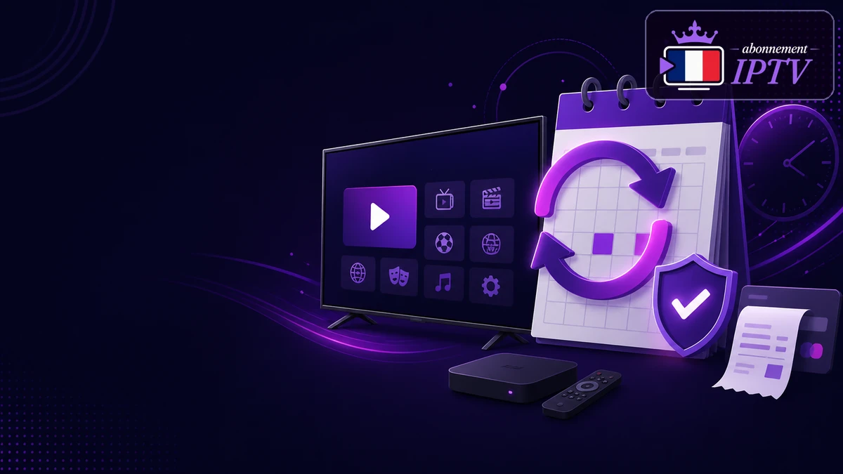 Renouvellement IPTV anticipé illustré par un calendrier, une flèche de prolongation et un bouclier