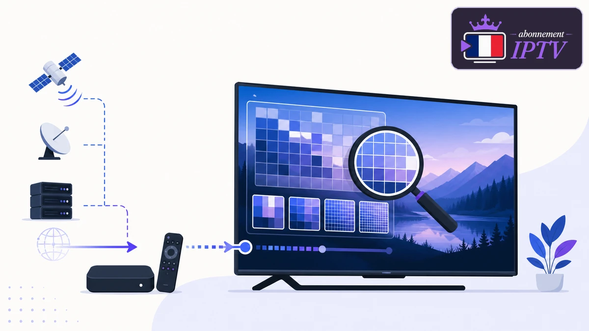 Résolution IPTV testée sur un téléviseur avec panneau de diagnostic et mesure du flux vidéo