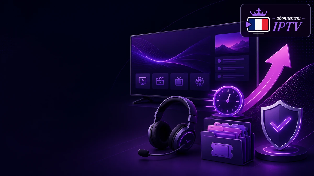 Support prioritaire IPTV représenté par un casque, un chronomètre, un dossier et un téléviseur