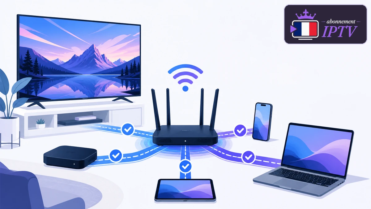 WiFi 6 IPTV reliant un routeur, un téléviseur 4K et plusieurs appareils par un signal stable