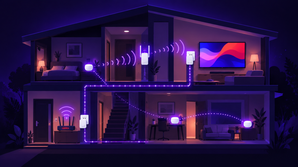 Box internet reliée à un téléviseur éloigné par adaptateurs CPL, répéteur Wi-Fi et bornes mesh