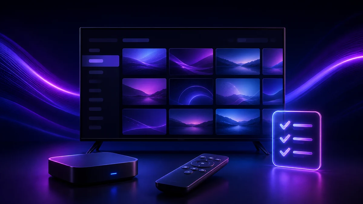 Guide complet de l’abonnement IPTV illustré par une télévision, un boîtier, une télécommande et une checklist