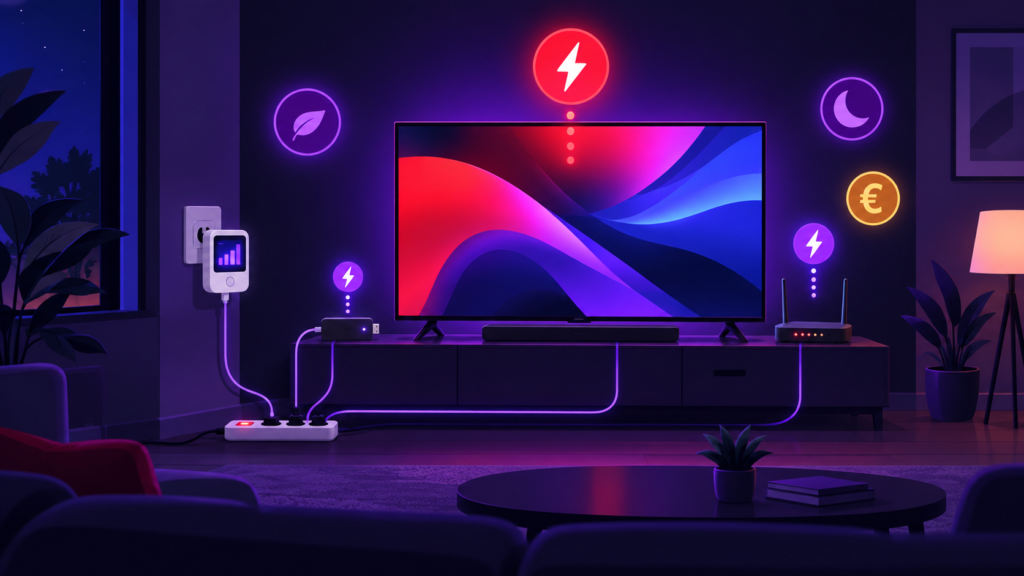 Téléviseur, boîtier IPTV et box internet branchés sur un wattmètre affichant leur consommation