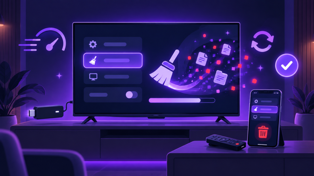Téléviseur, clé de streaming et smartphone affichant le menu de vidage du cache d'une application IPTV