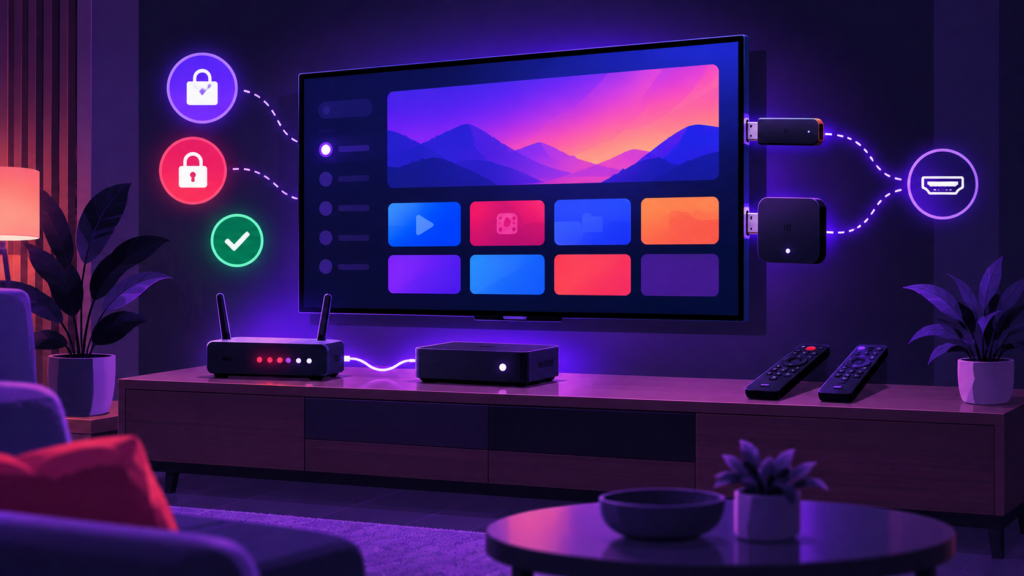 Box internet et décodeur TV reliés à un téléviseur avec une clé de streaming branchée sur une autre entrée HDMI