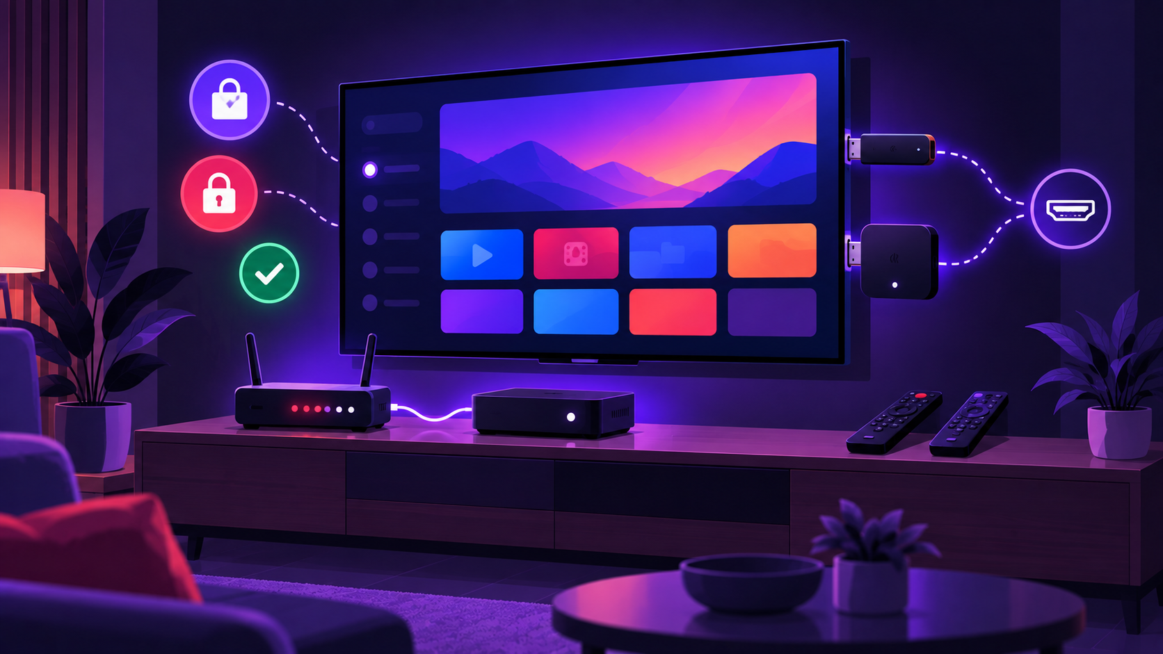 Box internet et décodeur TV reliés à un téléviseur avec une clé de streaming branchée sur une autre entrée HDMI