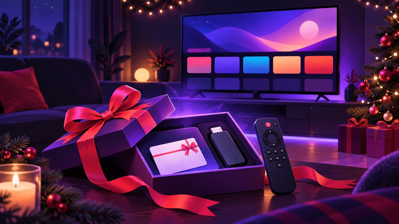 Carte cadeau d’abonnement IPTV posée devant un téléviseur avec un ruban et une télécommande